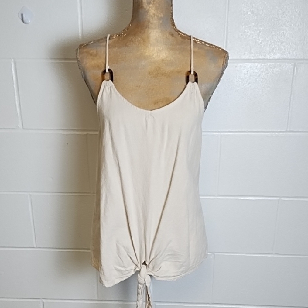 Natural ColoredTie Front Sleeveless Cool Linen Blend TankTop Tortoise shell